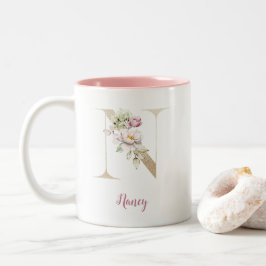 Gold Letter N, Monogram N, rosa Blumengeschenk ihr Zweifarbige Tasse