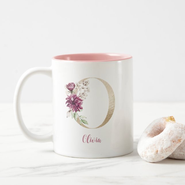 Gold Letter O , Monogram O, rosa Blumengeschenk ih Zweifarbige Tasse (Mit Donut)