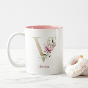 Gold Letter V, Monogramm v, Rosa Blumen-Geschenk f Zweifarbige Tasse