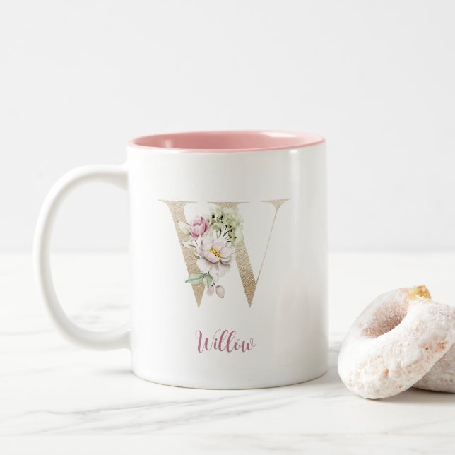 Gold Letter W , Monogram W, rosa Blumengeschenk ih Zweifarbige Tasse (Mit Donut)