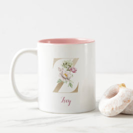 Gold Letter Z, Monogram Z, Pink Floral Geschenk ih Zweifarbige Tasse