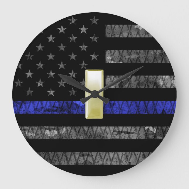 (Gold) Leutnant Thin Blue Line Distressed Flag Große Wanduhr (Vorderseite)