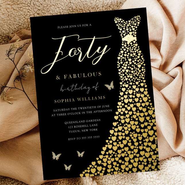 Gold Liebe Herzkleid Schwarz 40. Geburtstag Party Folieneinladung (Von Creator hochgeladen)