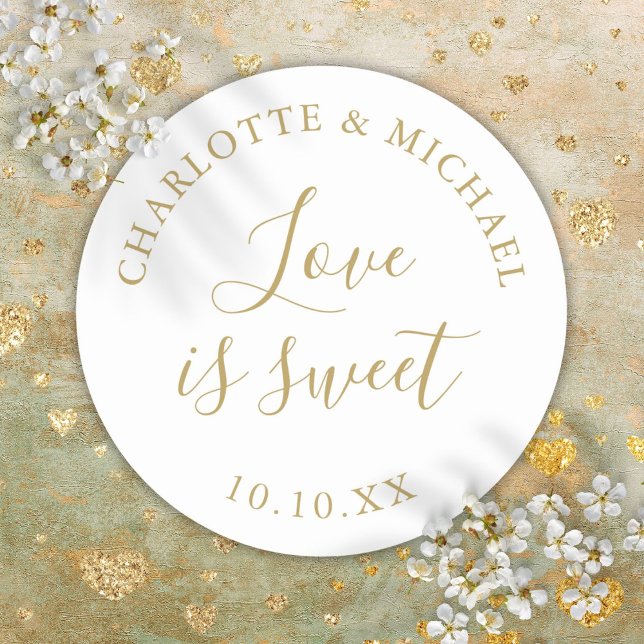 Gold Liebe ist süße Gastgeschenk Hochzeit Runder Aufkleber (Gold Love Is Sweet Wedding Favor Classic Round Sticker)