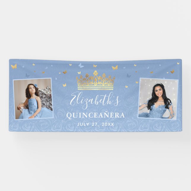Gold Light Baby Blue Foto Birthday Quinceanera Banner (Horizontal)