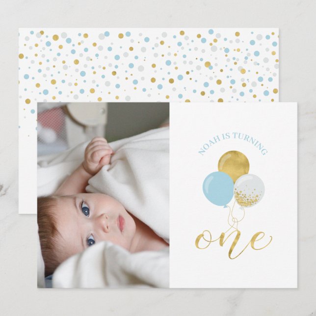 Gold & Light Blue Balloons Junge 1. Geburtstag Par Einladung (Vorne/Hinten)