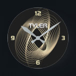 Gold Light Spiral, Gold Zahlen, DJ Name in Weiß Runde Wanduhr<br><div class="desc">Gold Light Spiral und Gold Zahlen mit DIY Name in weißem Text mit nur 4 Stunden Markierungen.</div>