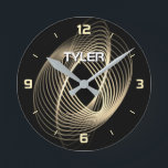Gold Light Spirale auf Schwarz, DIY Name in Weiß Runde Wanduhr<br><div class="desc">Gold Light Spiral auf schwarzem Hintergrund mit Name in weißem Text und alle Stunden Markierungen in Gold.</div>