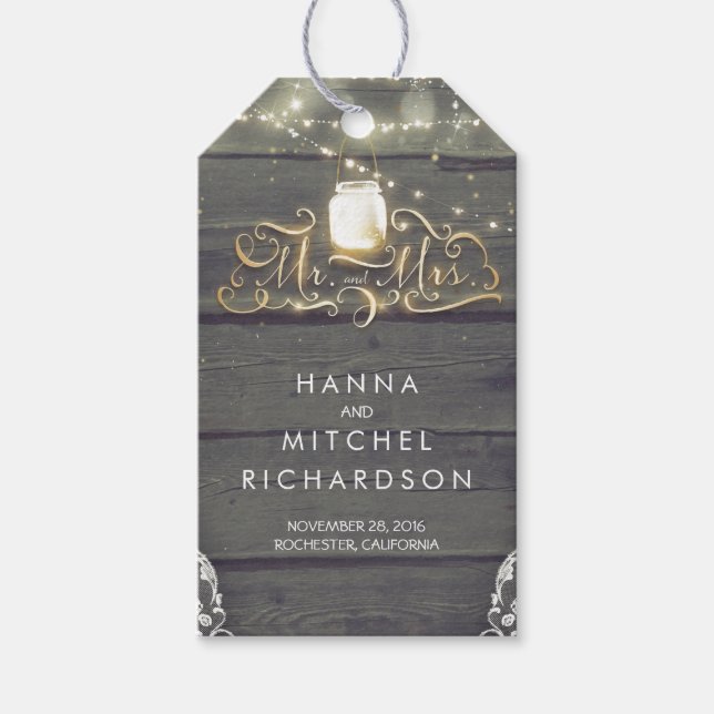 Gold Lights Mason Jar Rustic Wood Wedding Geschenkanhänger (Vorderseite)