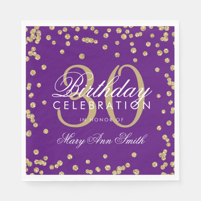 Gold Lila 30. Geburtstag Glitzer Confetti Serviette (Vorderseite)