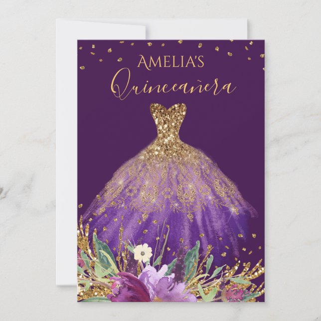 Gold Lila Amethyst Dress Quinceanera Einladung (Vorderseite)