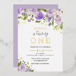 Gold Lila Aquarell Blumen Mädchen 1. Geburtstag Folieneinladung