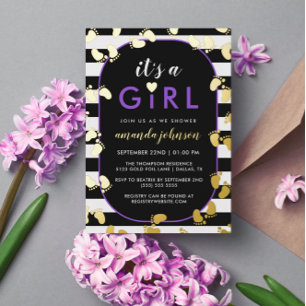 Gold Lila Black It's A Girl Baby Footprints Folieneinladung