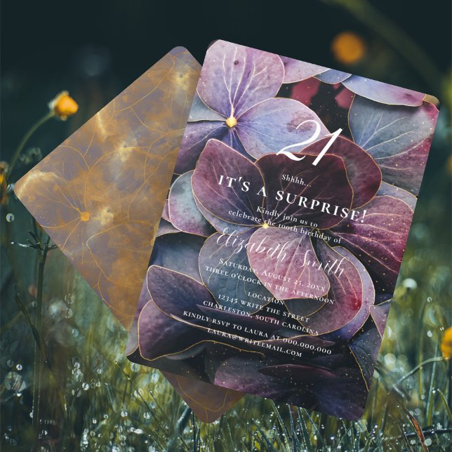 Gold Lila Blue Hydrangea Überraschung 21. Geburtst Einladung (Von Creator hochgeladen)