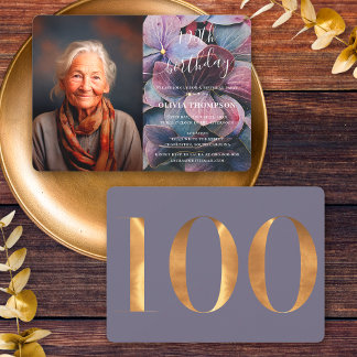 Gold Lila Blue Hydrangeas 100. Geburtstag Foto Einladung
