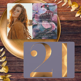 Gold Lila Blue Hydrangeas 21. Geburtstag Foto Einladung