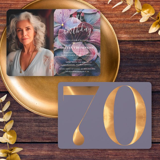 Gold Lila Blue Hydrangeas 70. Geburtstag Foto Einladung (Front / Back)