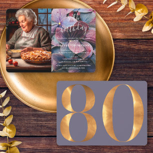 Gold Lila Blue Hydrangeas 80. Geburtstag Foto Einladung