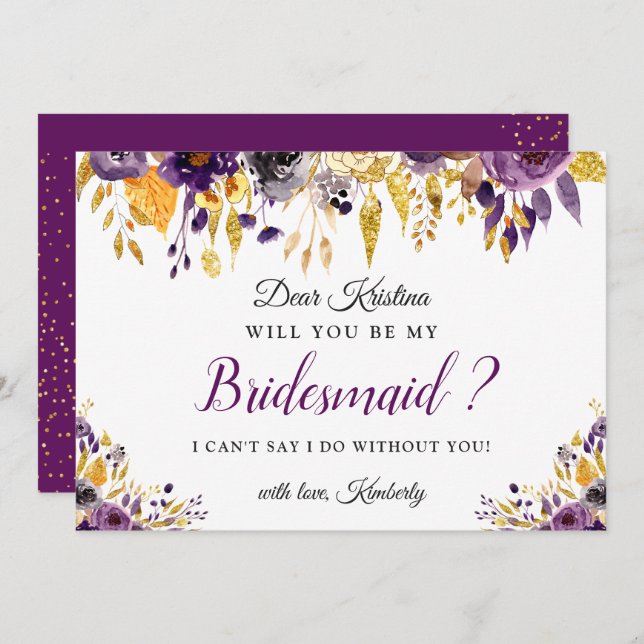 Gold Lila Blume wird meine Bridesmaid sein Einladung (Vorne/Hinten)