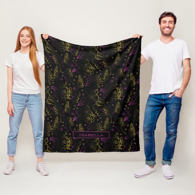 Gold lila Blumenmuster personalisierter Name Fleecedecke (Beispiel)