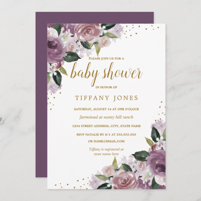 Gold Lila Blumenwasser Kinderdusche laden ein Einladung (Vorne/Hinten)