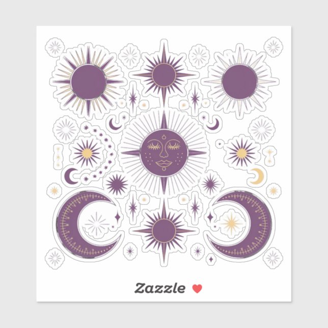 Gold & Lila Boho Celestial Sun & Moon Scrapbook Aufkleber (Blatt)