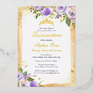 Gold Lila Butterfly Rose Blumenkohl Folieneinladung