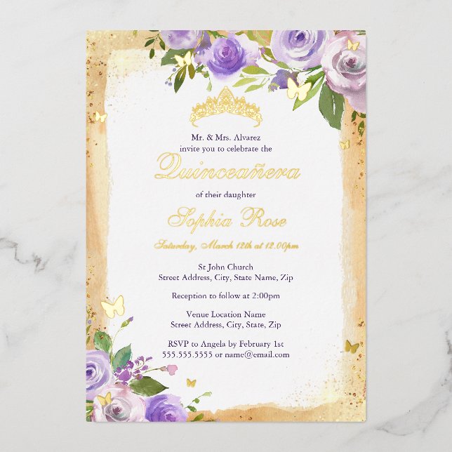 Gold Lila Butterfly Rose Blumenkohl Folieneinladung (Vorderseite)