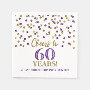 Gold Lila Confetti Cheers to 60 Years Geburtstag Serviette