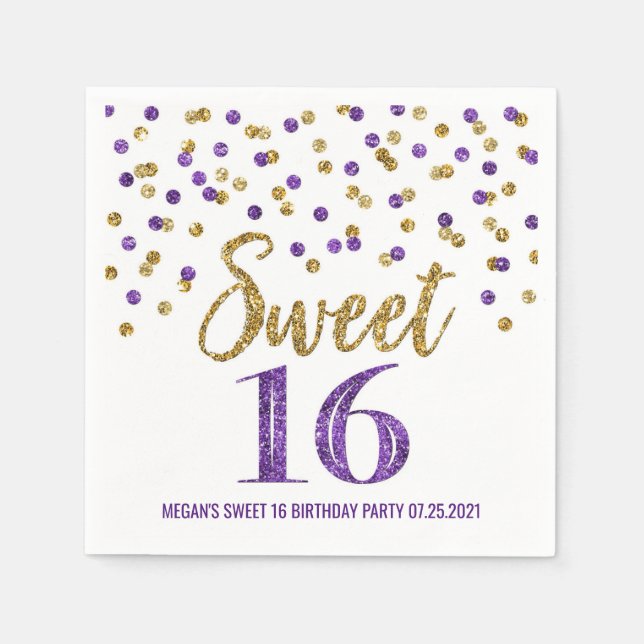 Gold Lila Confetti Sweet 16 Geburtstag Serviette (Vorderseite)