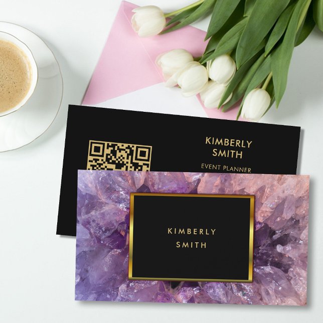 Gold lila Edelsteine QR-Code beruflich Visitenkarte (Elegant purple amethyst, gold black, QR code professional business card,)