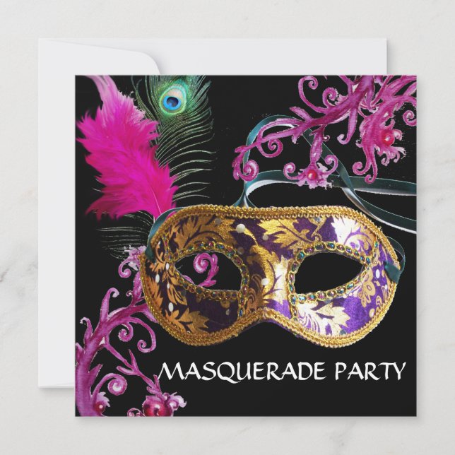 GOLD LILA FEATHER DAMASK MASK Masquerade Party Einladung (Vorderseite)