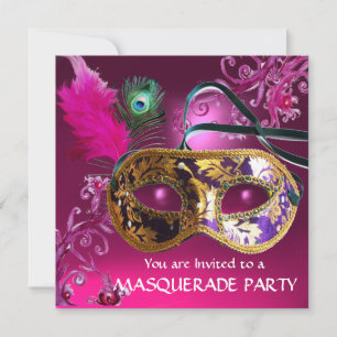 GOLD LILA FEATHER DAMASK MASK Masquerade Party Einladung