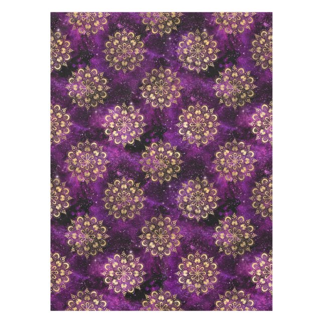 Gold & Lila Galaxy Dharma Mandala Muster Tischdecke (Vorderseite)