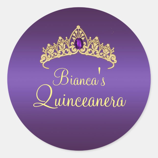Gold & Lila Gem Tiara Quinceanera Sticker (Vorderseite)