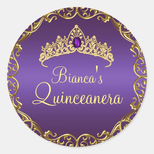 Gold & Lila Gem Tiara Quinceanera Sticker (Vorderseite)