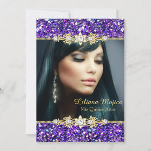 Gold Lila Glitter & Juwelenbogen Quinceanera Einladung