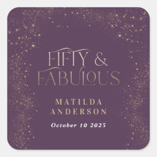 Gold lila Glitzer 50 und fabelhafte Geburtstagspar Quadratischer Aufkleber