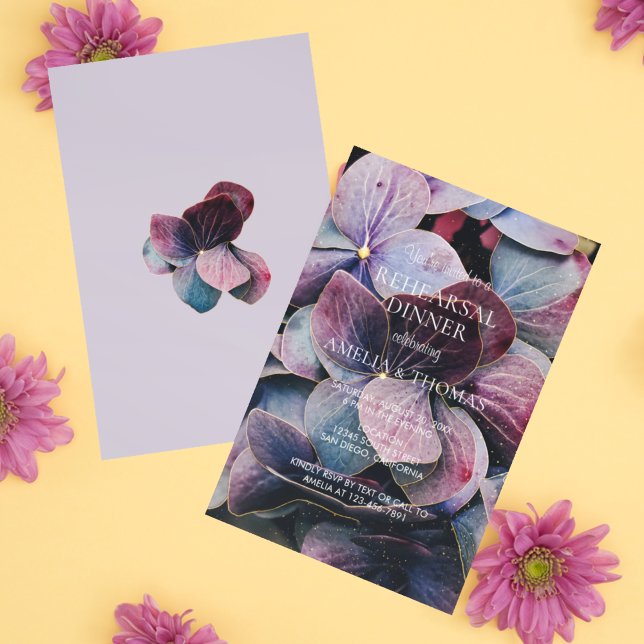 Gold Lila Hydrangeas Hochzeitsessen Probe Einladung (Von Creator hochgeladen)