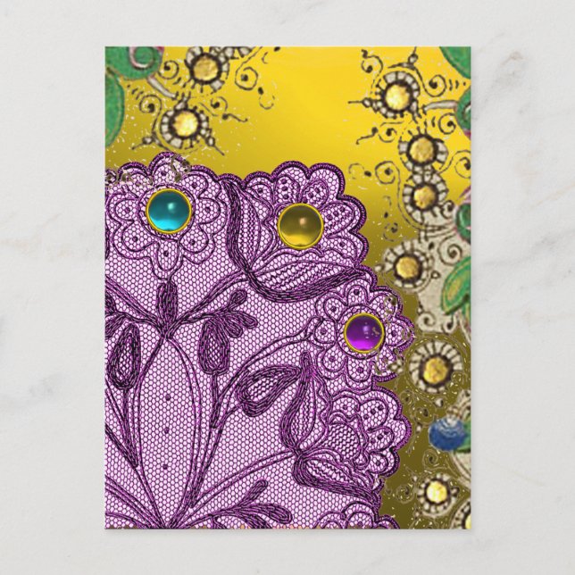 GOLD LILA LACE BLUME UND FARBHAFTE GEMSTONEN POSTKARTE (Vorderseite)