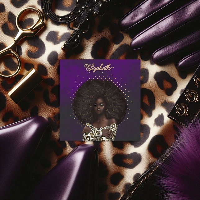 Gold & Lila Leopard African American Hair Salon Quadratische Visitenkarte (Gold and Purple Leopard African American Hair Salon Square Business Card)