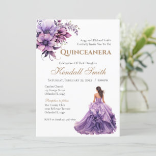 Gold Lila Lilac Floral Princess Quinceanera Einladung