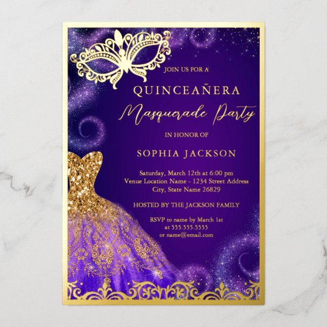 Gold Lila Masquerade Party Dress Quinceanera Folieneinladung (Vorderseite)
