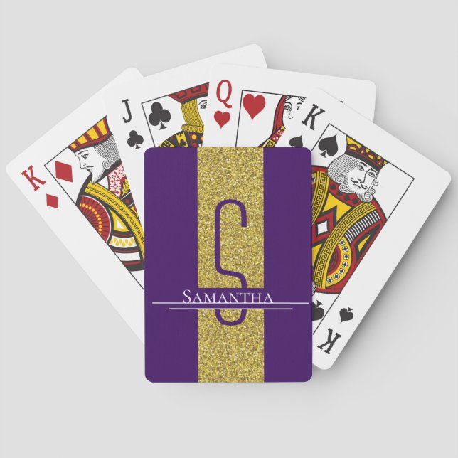 Gold-Lila-Monogramm-Glitzer Spielkarten (Rückseite)