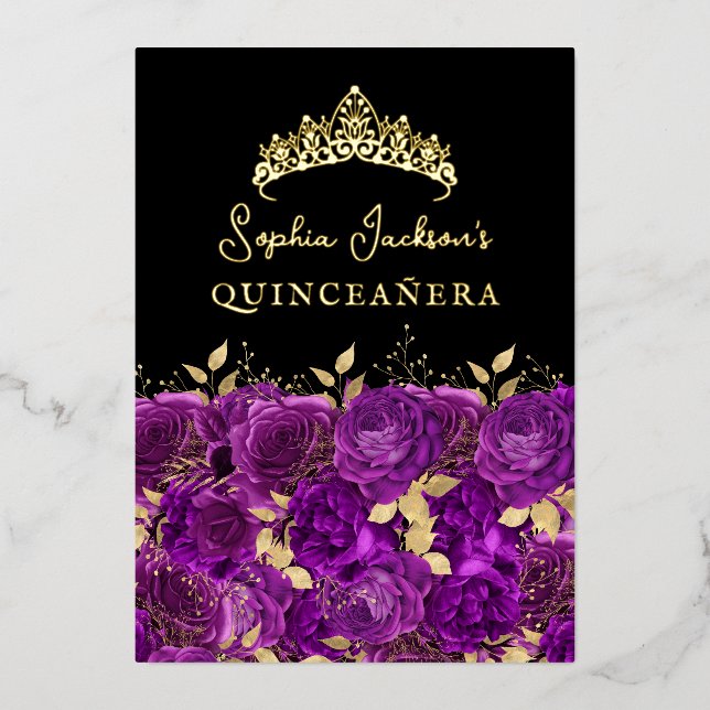 Gold Lila Rose Quinceanera Folieneinladung (Vorderseite)