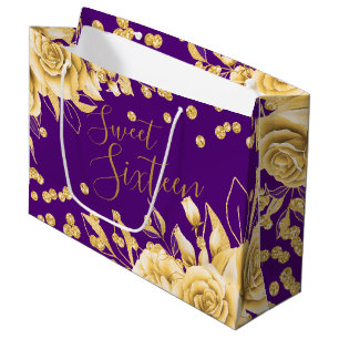 Gold Lila Sweet 16 Glitzer Confetti Floral Große Geschenktüte