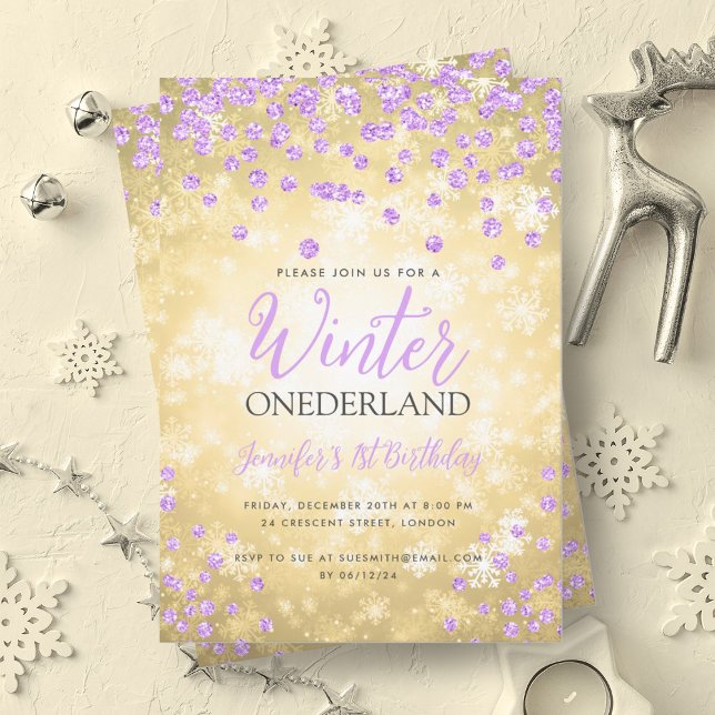 Gold Lila Winter ONEDERLAND 1. Geburtstag Einladung (Gold Purple Winter ONEDERLAND 1st Birthday Invitation)