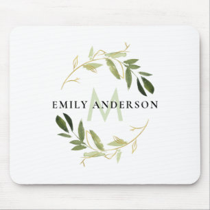 GOLD LIME GREEN FOLIAGE WATERCOLOR WREATH MONOGRAM MOUSEPAD