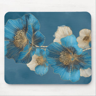 Gold Line Art Blaue Mohnblume Botanisch Blumig Mousepad