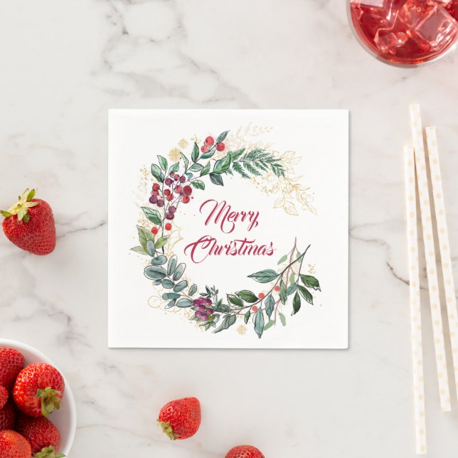 Gold Line Art und Red Berries Weihnachten Serviette (Beispiel)